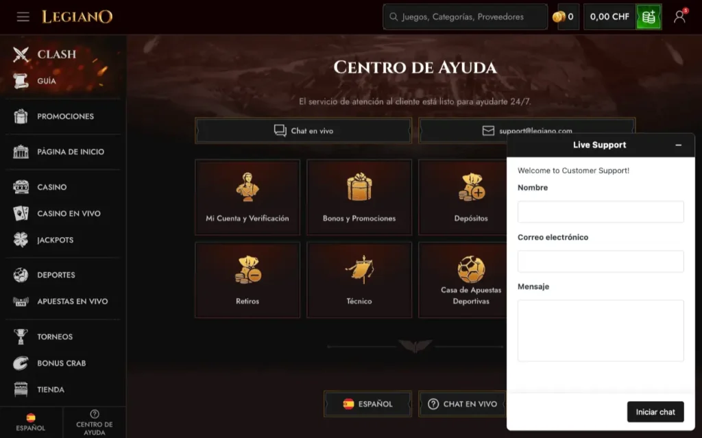 Legiano casino soporte de chat en vivo